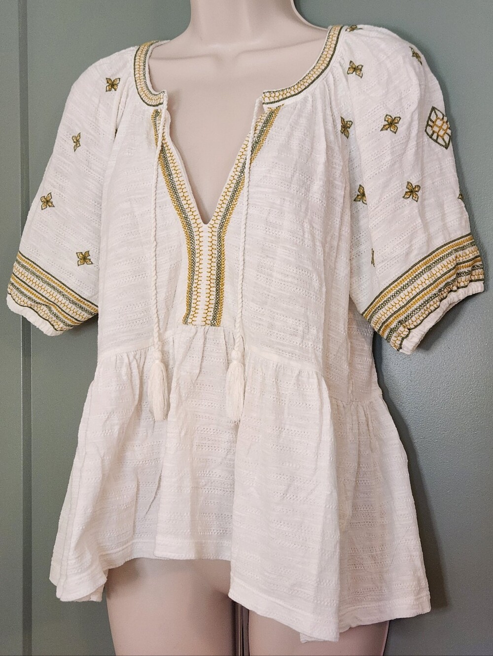 🍀Lucky Brand Off-White Short-Sleeved Peasant Top with Tassels Size Small
